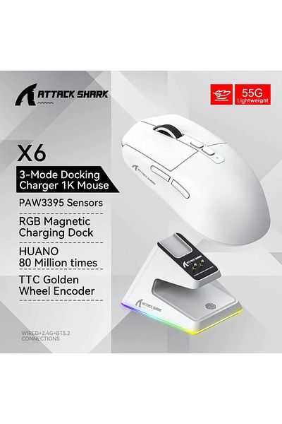 Choice ماوس بلوتوث X6 أبيض X6 PAW3395، اتصال ثلاثي الأوضاع، قاعدة شحن مغناطيسية تعمل باللمس RGB، Macro G