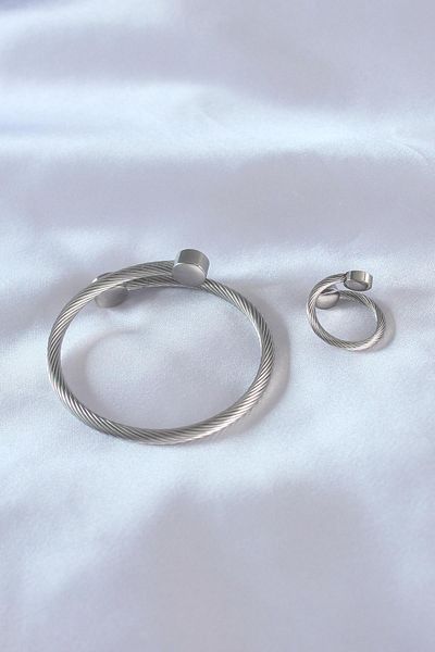 Celira Steel Silver Color Tight Twist Model Men's Bracelet Ring Set