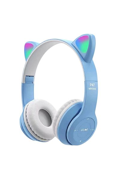 ALLOYSEED Sky Blue Cute Cat Ear Headphones with RGB LED Light Wireless Headset Kids Girls Stereo Phone Music B