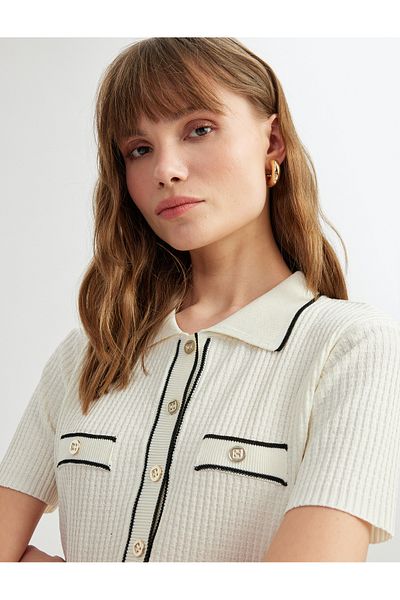 Koton Color Contrast Detailed Short Sleeve Buttoned Knitwear Polo Neck Cardigan