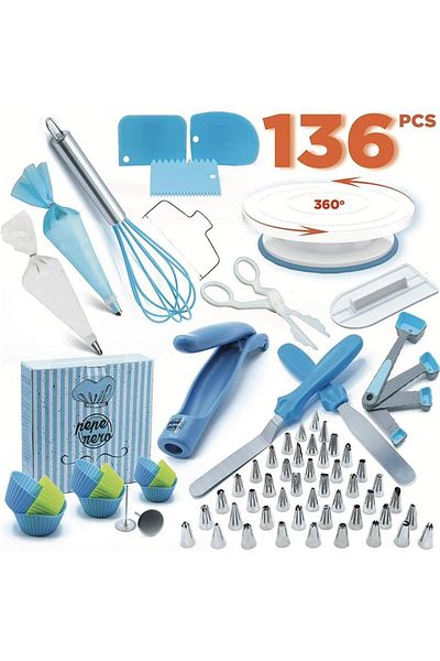 COOYA 136-Piece Cake Decorating And Baking Accessories Kit,With Rotating Turntable Stand Blue