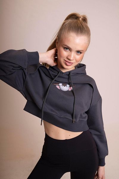 AFLOOW Muse Women's Gray Koala Printed Crop Sweatshirt - Oversize, Hooded, Comfortable and Stylish