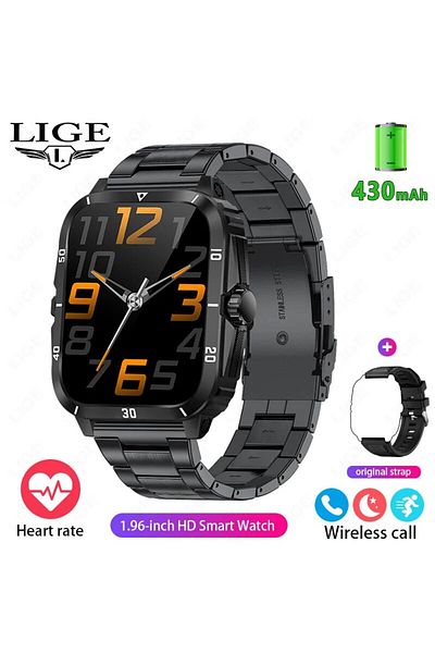 Choice Black Steel Belt LIGE Sport Smart Watch For Men 1.96 Screen Blood Oxygen Bluetooth Call Watch 100+Sp