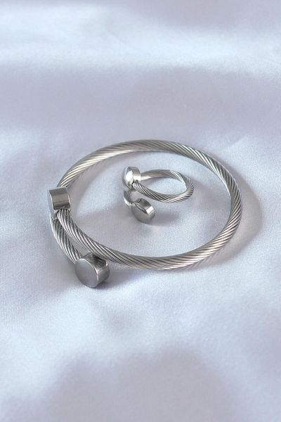 Celira Steel Silver Color Tight Twist Model Men's Bracelet Ring Set