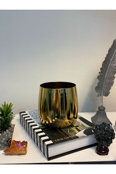 MY LOVE ÇİÇEKÇİLİK Lüx Gold Renk Paslanmaz Metal Cezve Saksı