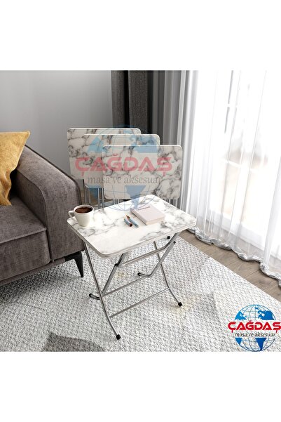 Avenza living Avenza Katlanabilir Beyaz Mermer Zigon 4'lü Sehpa Takım Paslanm...