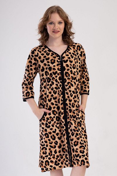 VİENETTA Γυναικείο Κάπρι Plus Size, Λεοπάρ Φόρεμα για Σπίτι με Μανίκια με Φερμουάρ