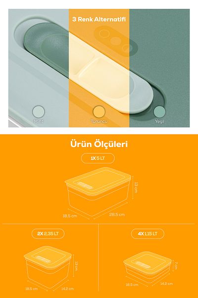 Vienev 7 Air Duct Adjustable Vegetable and Fruit Storage Container 4X(1.15 Lt) 2X(2.35 Lt) 1X(5 Lt) Orange