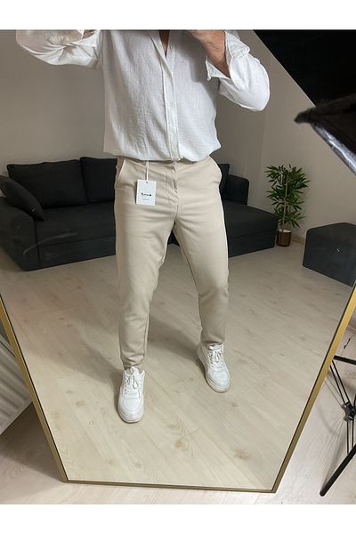 Z1MAN Men's Fabric Beige Color Flexible Lycra Fabric Trousers