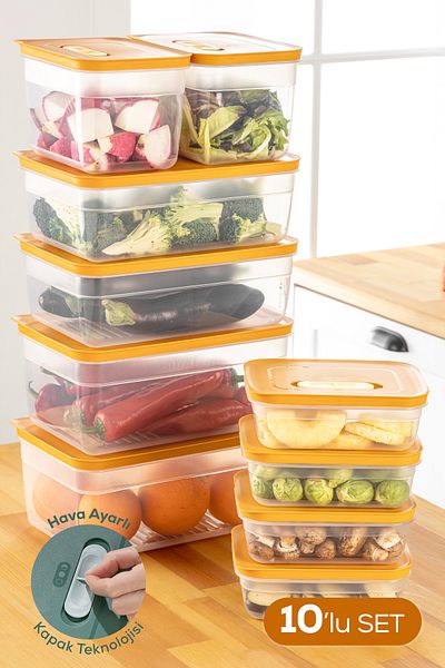 Vienev Adjustable Vegetable and Fruit Storage Container with 10 Air Ducts 4X(1.15 Lt) 2X(2.35-3.8-5 Lt) Orange