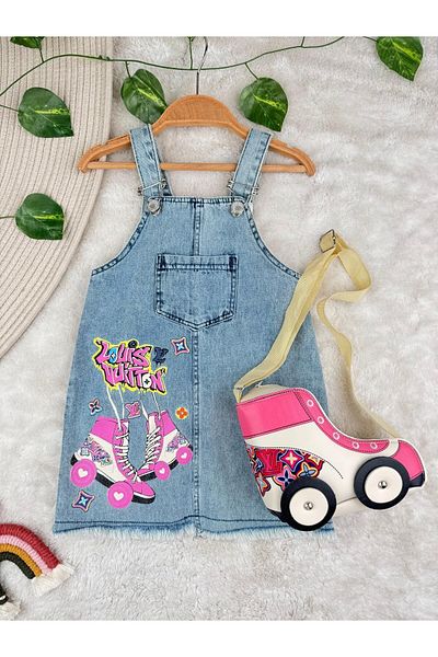 Minizade Denim Gilet Girls/Kids Dress with Roller Skates Bag