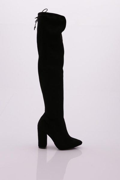 DGN Women's Stretch Detailed Pointed Toe Knee High Heeled Boots 123242