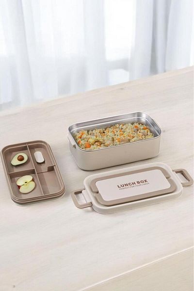 Digithome Bento Portable Stainless Steel Food Container Thermos Lunch Box Rectangular Beige 1000ml
