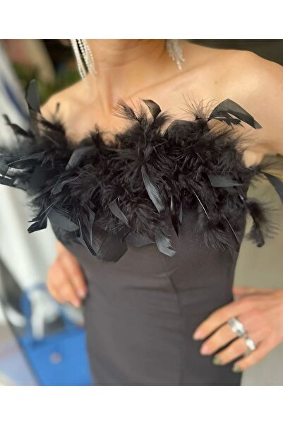 Shop Krutzo Kadın Siyah Straplez Tüylü Midi Abiye Elbise