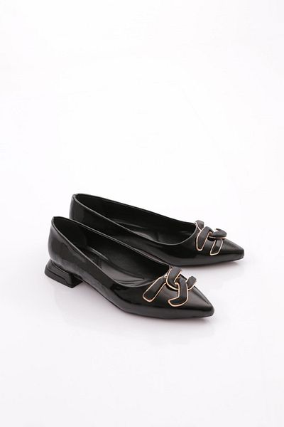 DGN Women's Pointed Toe Metal Buckle Ballerinas Black Patent Leather 37172534