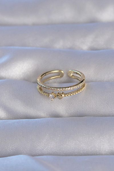 Celira Brass Gold Color Zircon Stone Heart Waterway Model Adjustable Ring