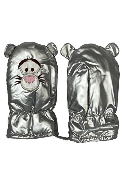 İşnar Çocuk Kar Eldiven Gümüş Gri Parmaksız Kar Eldiveni 2-4 Yaş Kaplan Desenli Model 4114-6214