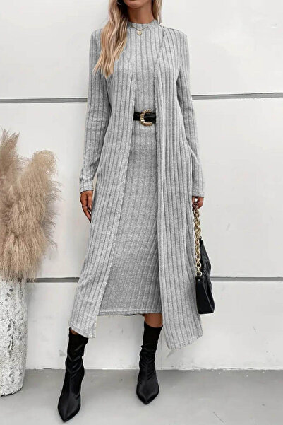 DÖPİYES Dik Yaka Şardonlu Midi Elbise Hırka İkili Takım