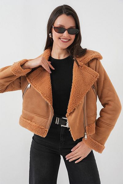 Bigdart 5155 Zweireihige Kunstpelzjacke aus Leder - Hellbraun