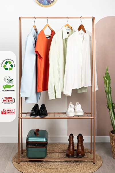 Fec Reklam Rose Raflı Metal Ayaklı Askılık Çift Raflı Rose Ayaklı Elbise Askı...