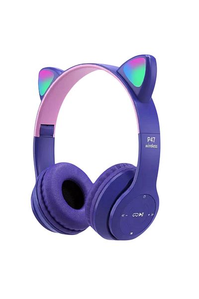 ALLOYSEED PURPLE Cute Cat Ear Headphones with RGB LED Light Wireless Headset Kids Girls Stereo Phone Music Blu