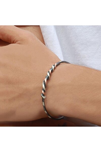 Necati Gün Rose Gold Çizgili Dolamalı Otantik Gümüş Kelepçe