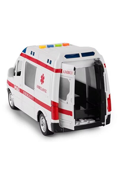 RAMO'S STORE Sesli Işıklı Kapıları Açılan 21cm Sürtmeli Oyuncak Ambulans 1:16 Ölçek Ambulance Toys