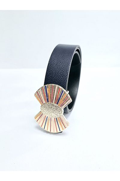 Kemerix Women's Gold Colorful Enamel Plated Buckle Reversible Navy Blue-Black Belt