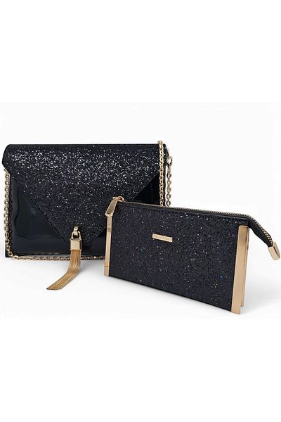 Evident Black Stone Patterned Women's Portfolio & Clutch Bag Set (29 x 19) _(19 x 11) cm