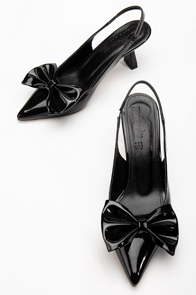 RİSSOLİ Rissoli Rochie de seară confortabilă de zi cu zi, cu fundă, din piele neagră, cu fundă, pantofi cu toc stiletto