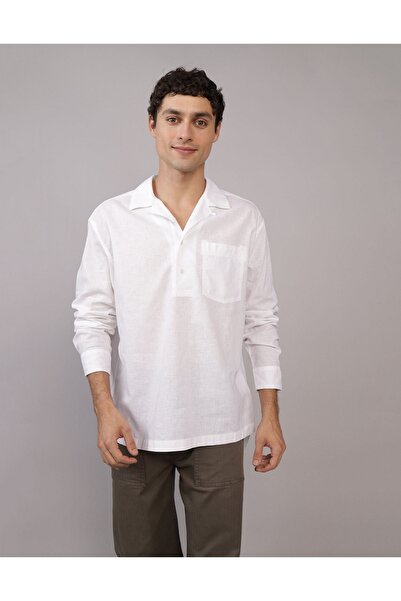 AMERICAN EAGLE AE Long-Sleeve Linen-Blend Popover Shirt