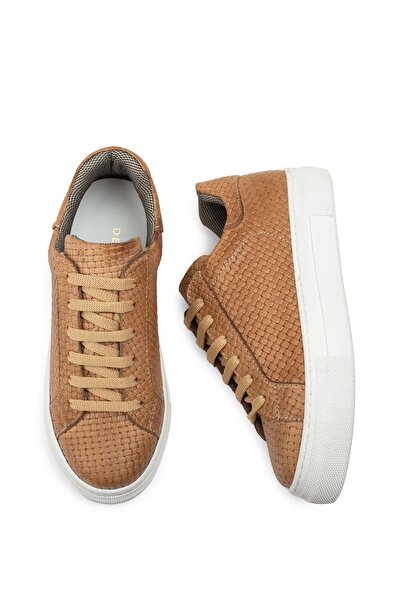 Deery Hakiki Deri Taba Rengi Örgü Desen Sneaker Kadın Ayakkabı