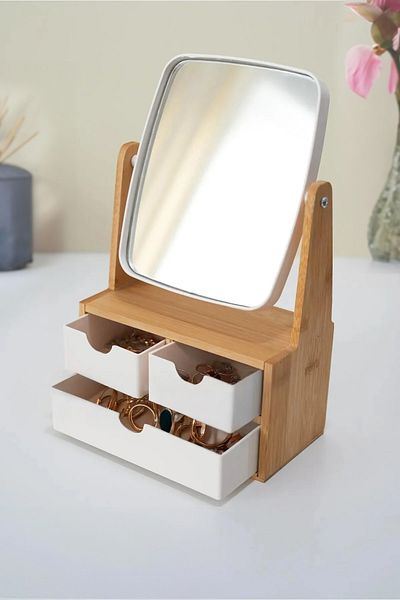 Kitchen Life Organizator de machiaj și bijuterii cu oglindă cu 3 sertare din bambus - Cutie de bijuterii pentru machiaj