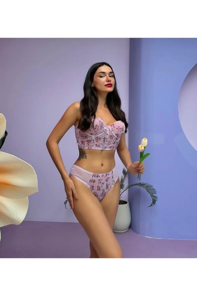 BanaTAP Çiçek Baskılı Lila Simli Büstiyer Takım