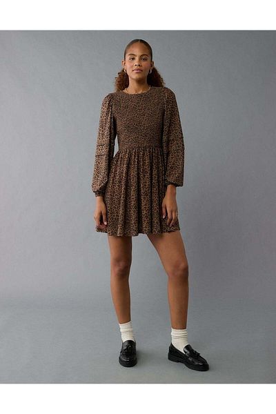 AMERICAN EAGLE AE Long-Sleeve High Neck Mesh Mini Dress