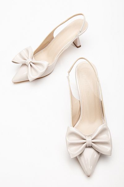 RİSSOLİ Rissoli, damă, bej, crem, piele lacuită, fundă, spate deschis, rochie de seară confortabilă, pantofi cu toc stiletto