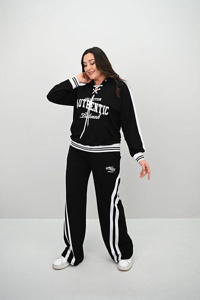 Koza Butik Дамски спортен костюм с широки крачоли и връзки, размер plus size, 8164-25