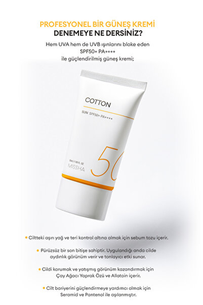 Missha Yağlanma Eğilimi Gösteren Ciltler İçin Mat Bitişli Güneş Kremi All Around Safe Block Cotton Sun