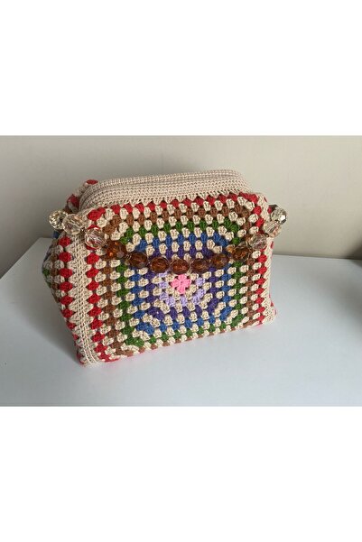 PETİSTANBUL Handmade, El Örgüsü, Çok Renkli Burslu, Motifli Çanta