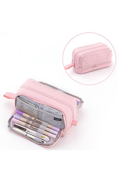 Choice Pink Large Capacity Pencil Case Simple Solid Color Stationery Box Double Layer Multifunctional Pen P