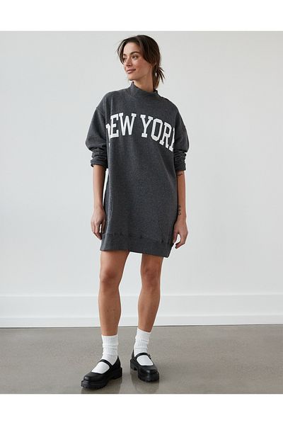 AMERICAN EAGLE AE Oversized Fleece Mock Neck City Graphic Mini Dress