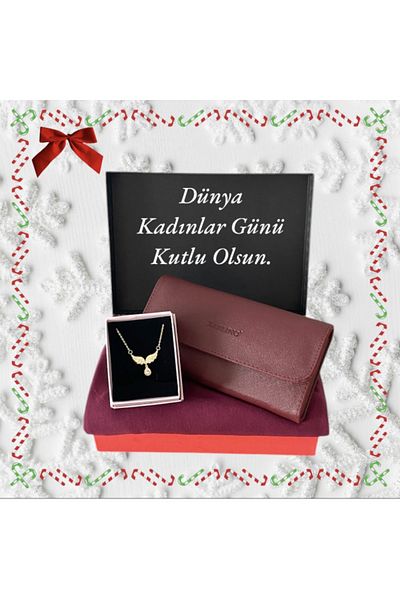 Carlino Women's Gift Set Burgundy Wallet-Combed Shawl-Angel Wing Steel Necklace