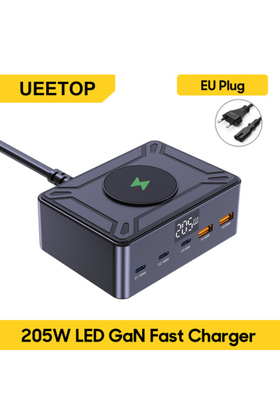 Choice EU Plug Ueetop 205W GaN Charger Digital Display Desktop USB Type C Cha...