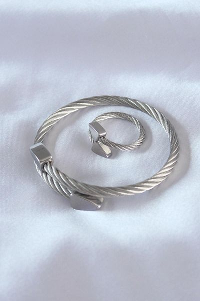 Celira Steel Silver Color Twisted Model Men's Bracelet Ring Set