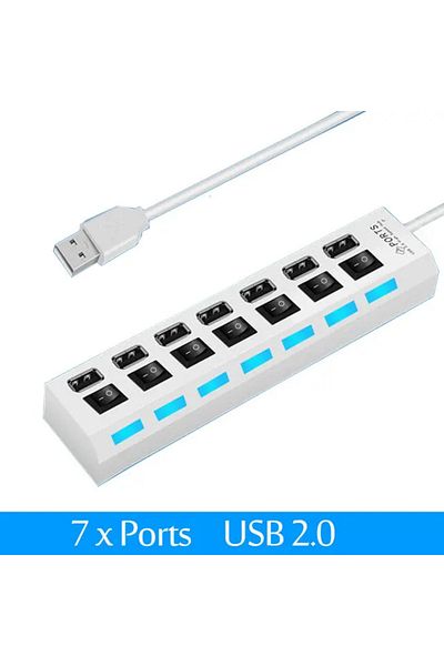 Choice موزع تمديد USB 2.0 أبيض اللون بسبعة منافذ موزع USB 2.0 للكمبيوتر بسبعة منافذ One Drag Seven