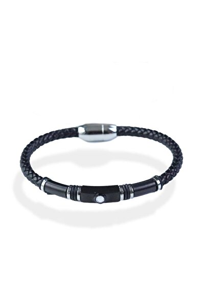 Necati Gün Jewelled Braided Leather Steel Bracelet