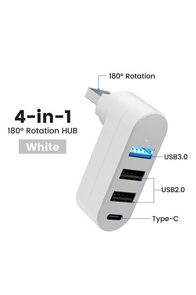 Choice White Elough Mini 180° Rotatable 4 Ports USB 3.0 2.0 Hub Type C High Speed Data Transfer U Disk Spli