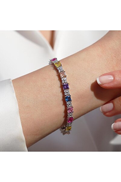 Necati Gün Kare Renkli Zirkon Taşlı Gümüş Bileklik
