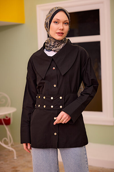 LOCCO Black Women's Shirt - Gold Button and Belt Detail