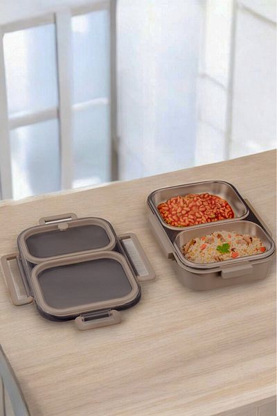 Digithome Bento 2 Compartment Portable Stainless Steel Food Container Thermos Lunch Box Khaki 1000ml